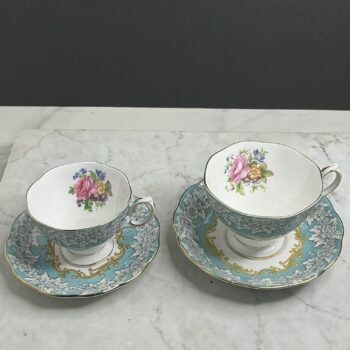 Royal Albert, Enchantment, kop en schotel, dameskop, herenkop, vintage servies, turquoise servies, Engels porselein, bone china, bloemendecor, theekopjes