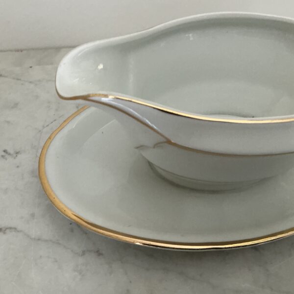 Vintage Bavaria Senta sauskom met lepel wit met gouden rand - Afbeelding 3