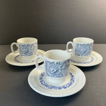 Vintage Badonviller France Kop en Schotels | Set van 3 | Blauw-Wit Bloemendecor